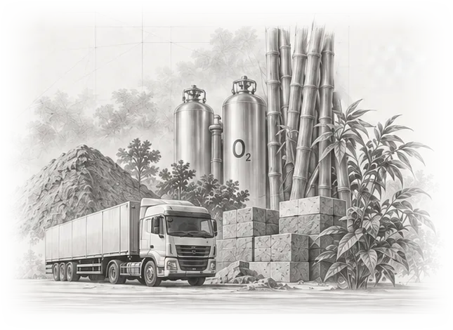 Monochrome engraved illustration showing commercial transport truck, fly ash distribution, oxygen cylinders, bamboo plantation, and construction materials