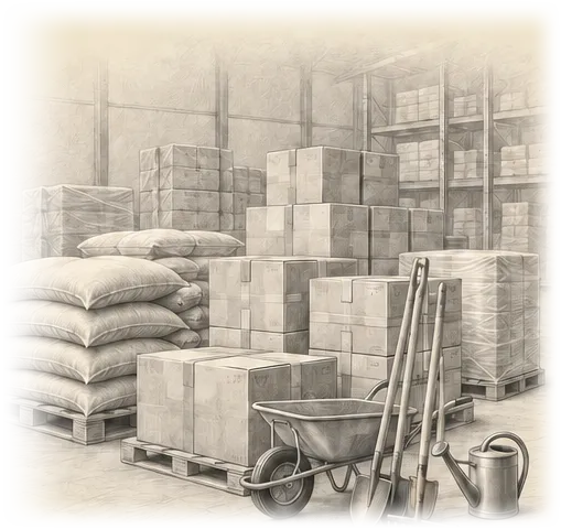 Illustrative monochrome pencil drawing of orderly cartons, stacked sacks on pallets, wheelbarrow and agricultural tools in a warehouse setting