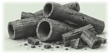 Illustrative monochrome pencil drawing of cylindrical bamboo charcoal logs and charcoal pieces