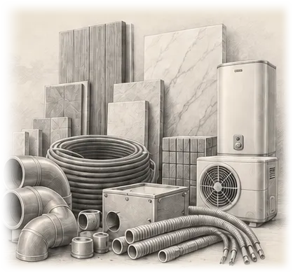 Illustrative monochrome pencil drawing of construction materials including pipe fittings, electrical conduits, finish panels, HVAC unit and domestic appliances