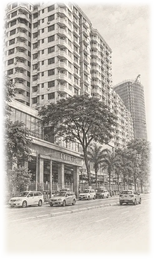 Illustrative monochrome pencil architectural drawing of Pearl Condo on Kabar Aye Road in Yangon, showing the residential tower, commercial entrance, street trees and passing vehicles
