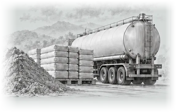 Monochrome illustration of fine fly ash, plain bagged goods on pallet, and bulk road tanker