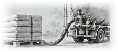 Illustration of bagged fly ash on pallets connected via loading hose to bulk transporter
