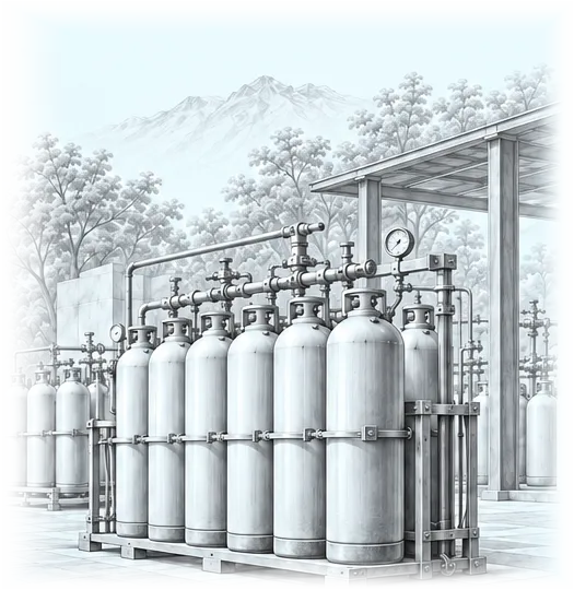 Illustrative monochrome pencil drawing of an industrial cylinder-filling manifold system and shelter against mountain landscape