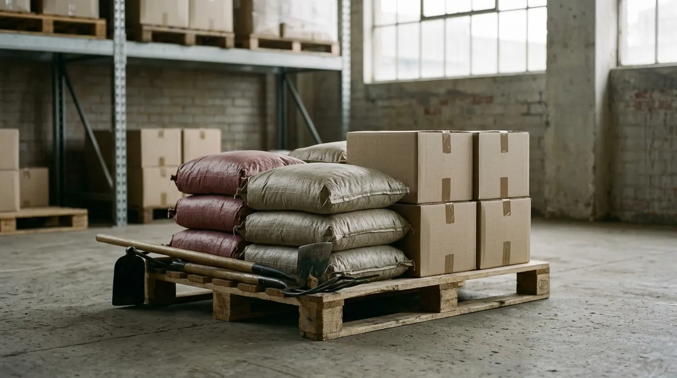 Orderly warehouse dispatch pallet with plain sacks, cartons and farming hand tools