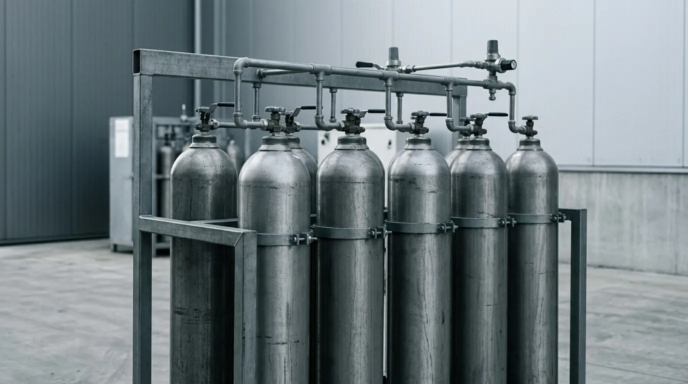 Plain upright industrial oxygen cylinders secured in a facility filling rack