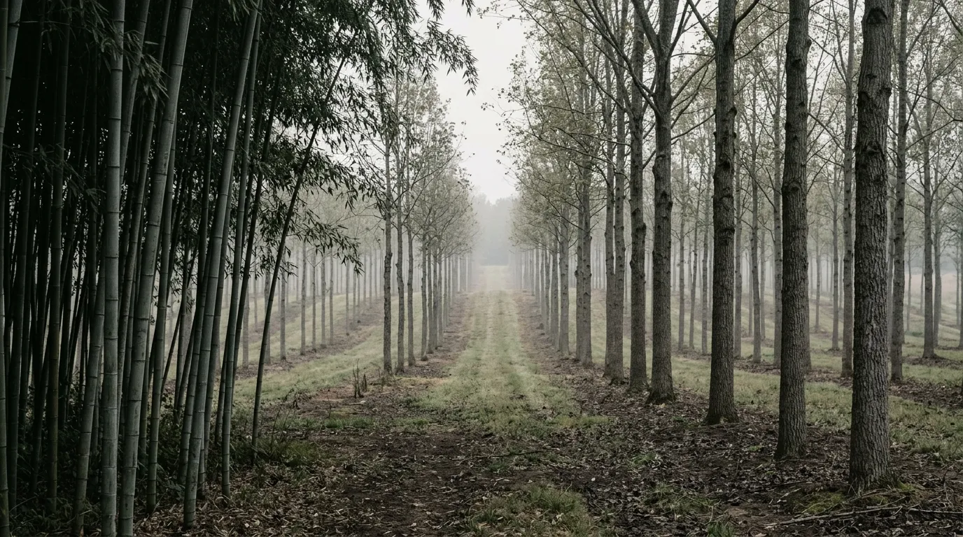 Hardwood plantation tree rows receding with mature bamboo stand in the foreground