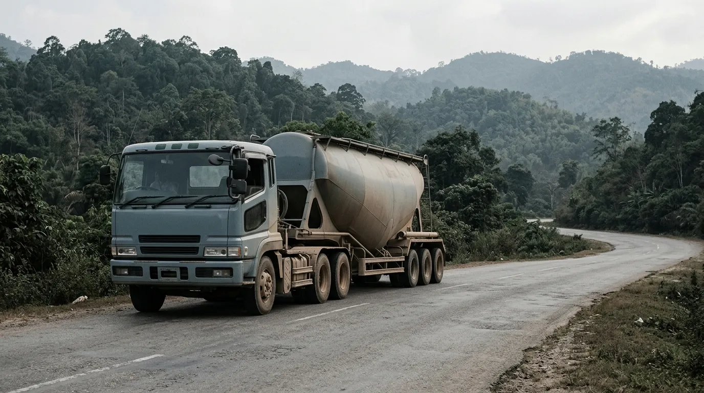 A single unbranded dry-bulk transporter truck travelling along a gently curving paved road
