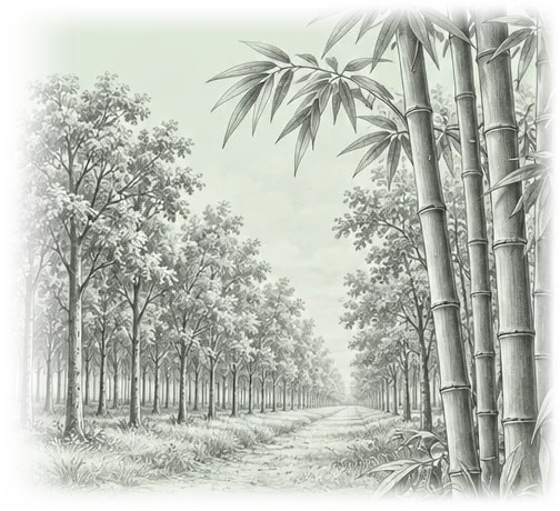 Illustrative monochrome pencil drawing of managed hardwood plantation rows receding in perspective framed by tall bamboo stalks