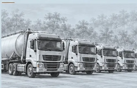 Illustrative pencil rendering of dry-bulk transport fleet trucks in a logistics yard