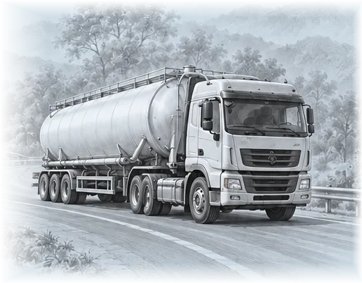 Monochrome pencil illustration of a dry-bulk cement transporter truck in transit on a mountain highway
