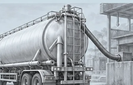 Illustrative pencil rendering of a dry-bulk cement transporter tanker truck at an industrial facility loading chute